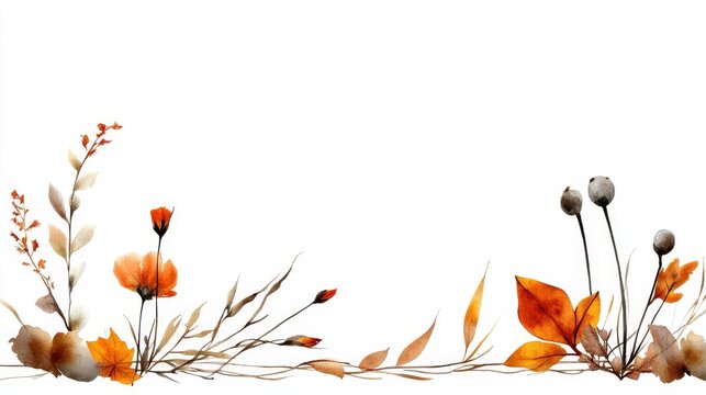 A watercolor illustration of a seamless border featuring orange and pink flowers, leaves, and grasses. The design evokes a sense of fall, nature, and tranquility.