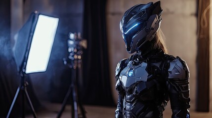 Obraz premium In a well-lit studio, a model displays an elaborate sci-fi armor costume, complete with metallic textures and high-tech details,