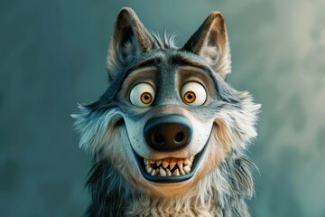 Animated Cartoon Wolf with Humorous Expression and Detailed Fur in Soft Lighting