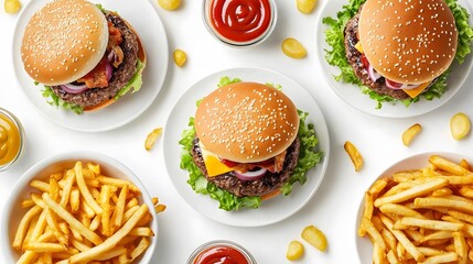 A vibrant food advertisement showcasing juicy burgers on white plates, with perfectly melted cheese and fresh toppings, accompanied by a bowl of crispy golden fries