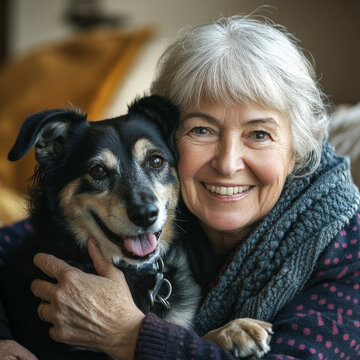 Happy senior woman hugging her cute dog. Person and domestic pet friendship and love concept