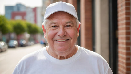 Plus size senior man wearing white t-shirt and white baseball cap standing on the street