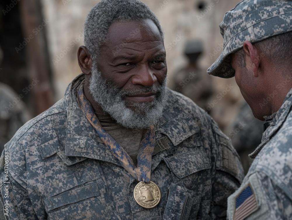 Wall mural a veteran soldier in camouflage uniform proudly wears a military service medal, smiling during a con