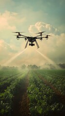 Fototapeta premium Dramatic photo of an organic farm with drones spraying non-toxic pesticides