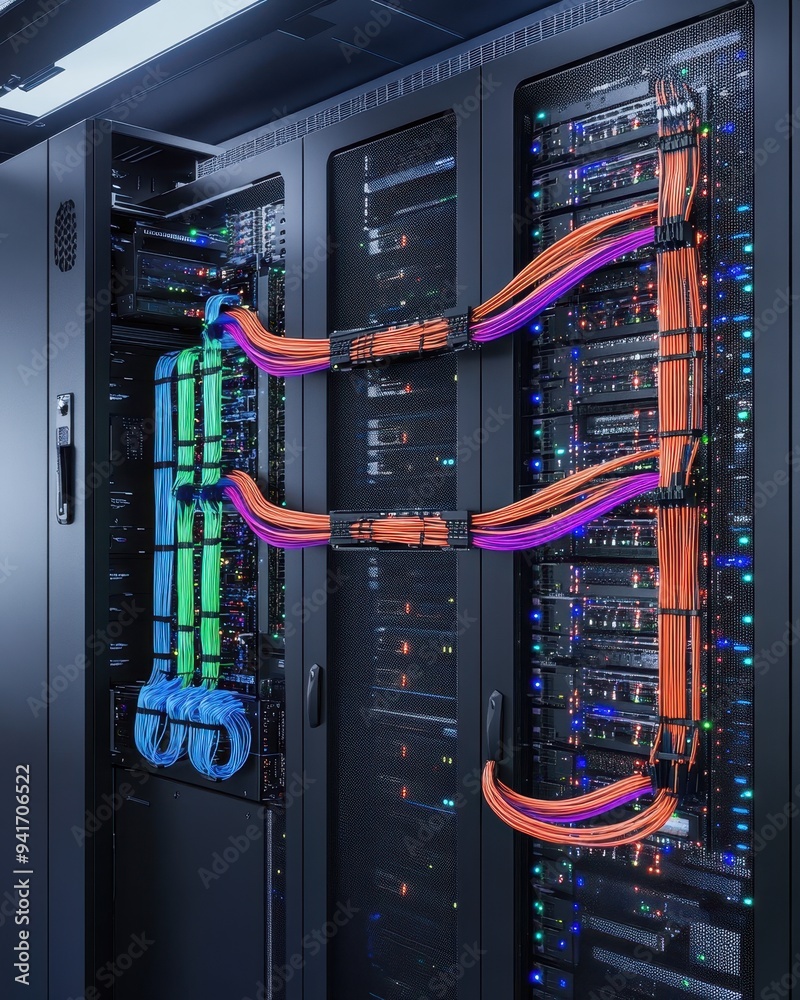 Leinwandbilder Modern data center server rack with colorful network cabling and illuminated hardware components for robust IT infrastructure and connectivity.