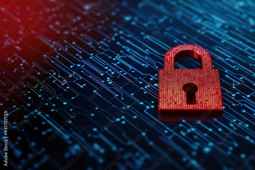 Aufkleber red digital lock on circuit board highlights cybersecurity concept, symbolizing data protection, enc