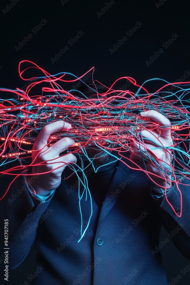 Aufkleber Person holding an array of glowing, tangled wires in dark background, highlighting complexity of technology and networking.