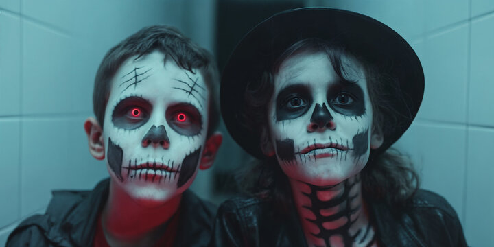 Two children dressed as skeletons in a spooky Halloween setting. Generative AI image