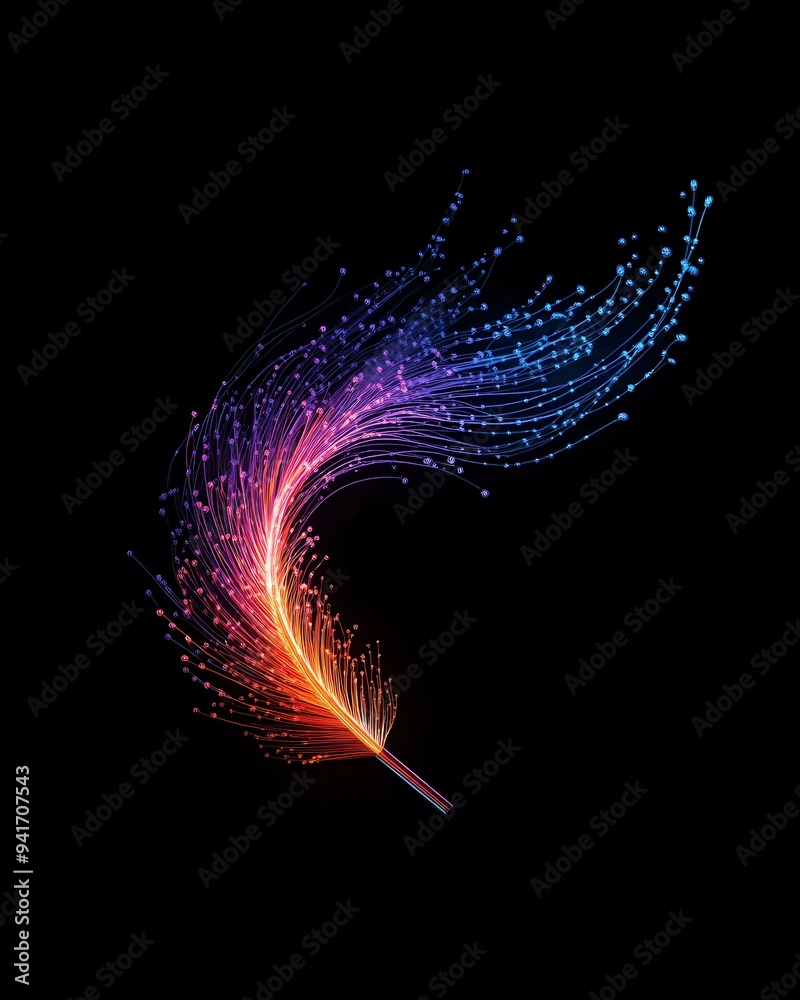 Poster vibrant neon abstract light trails resembling a feather on a black background, showcasing a spectrum