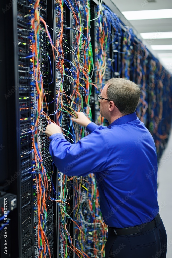 Leinwandbilder technician organizing cables in a server room data center, ensuring network connectivity and system 