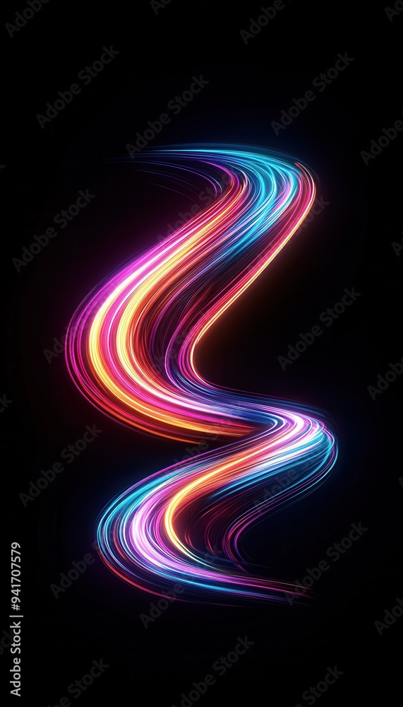 Poster Vibrant colorful light trails creating an S-shape on a dark background, perfect for abstract, modern design, and digital art projects.