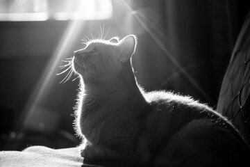 A close-up image of a cat in monochrome tones
