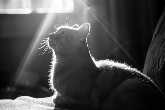 A close-up image of a cat in monochrome tones