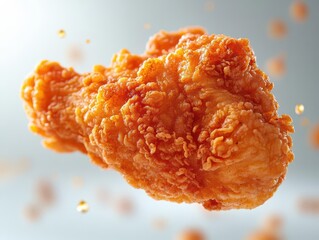 crispy fried chicken piece suspended midair goldenbrown texture subtle oil droplets stark white background mouthwatering food photography