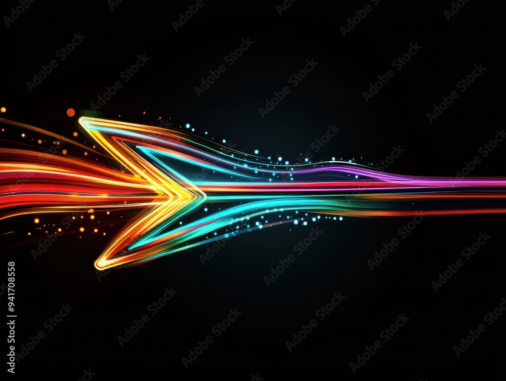 Aufkleber abstract colorful light streaks on black background forming dynamic arrow shape, representing motion