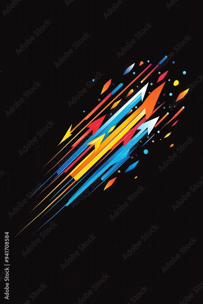 Poster Abstract colorful streaks on black background. Vibrant geometric shapes create dynamic and energetic composition. Perfect for digital art usage.