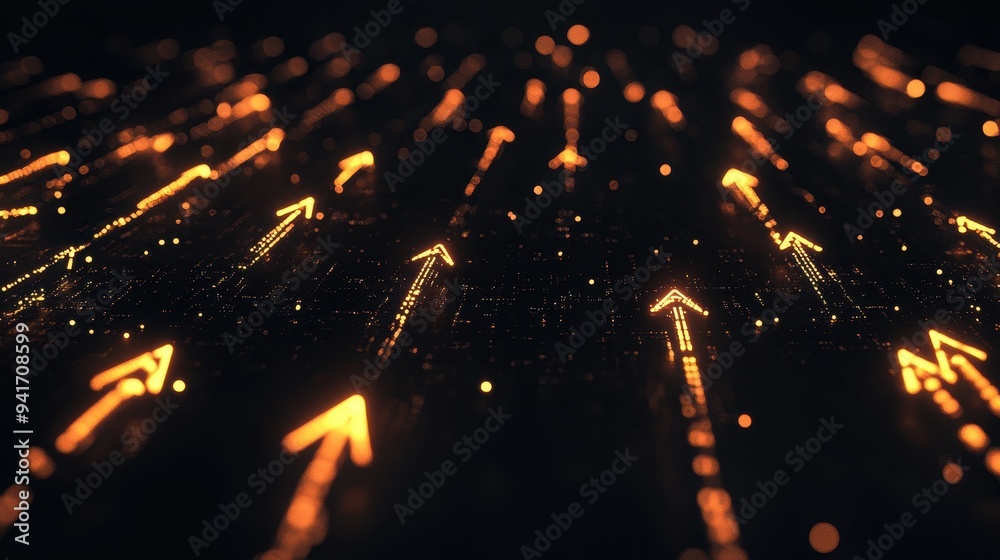 Poster abstract glowing arrows moving forward on a dark background, symbolizing progress, direction, and te