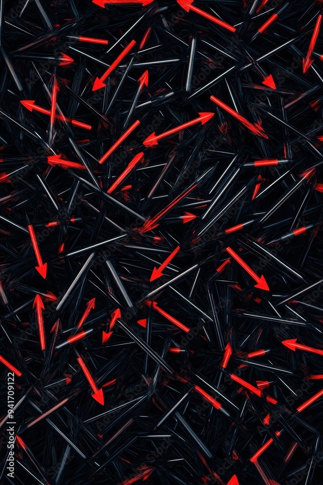 Poster Abstract pattern of red and black arrows against a dark background creating a dynamic visual effect, ideal for modern designs and backgrounds.