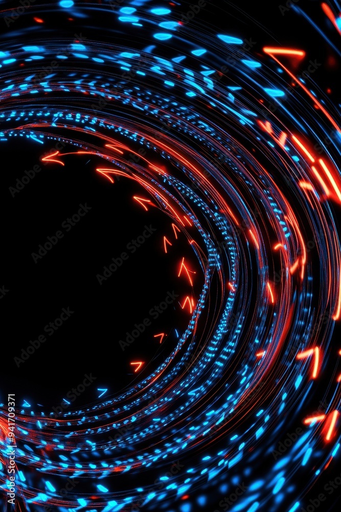 Aufkleber Abstract vortex with swirling red and blue light trails on a black background, creating an energetic and dynamic visual effect.