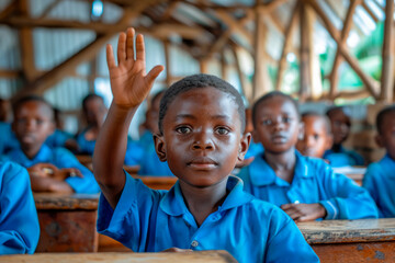 10 year old African children in blue uniforms sitting at desks in a classroom in an African rural school, one boy raises his hand to answer