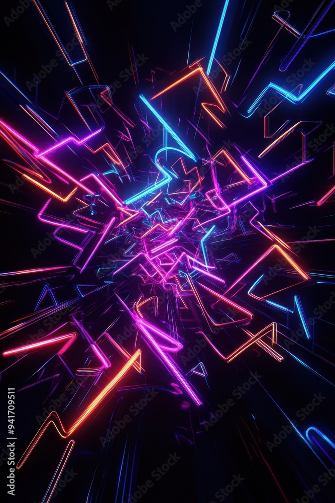 Poster Bright neon light trails forming dynamic patterns on a dark background, creating an electrifying and futuristic visual effect.