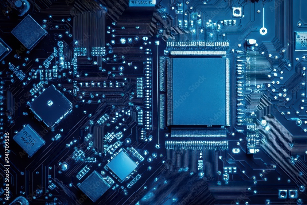Poster close-up of a blue electronic circuit board with microchips and components, showcasing modern techno