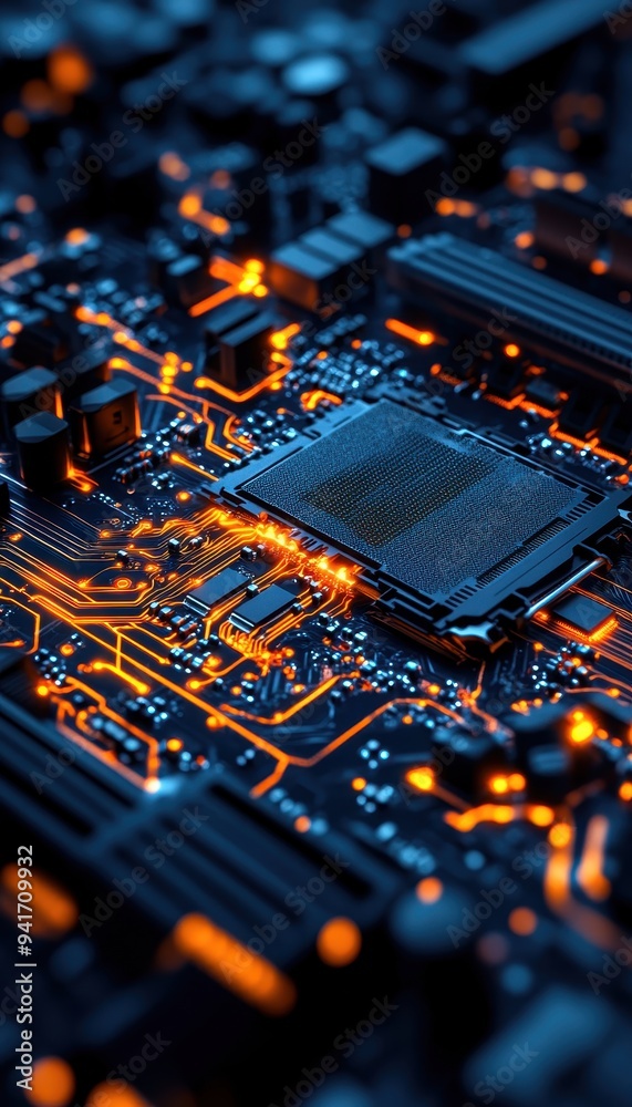 Aufkleber Close-up of a computer circuit board with glowing wires, showcasing advanced technology and intricate electronics components.