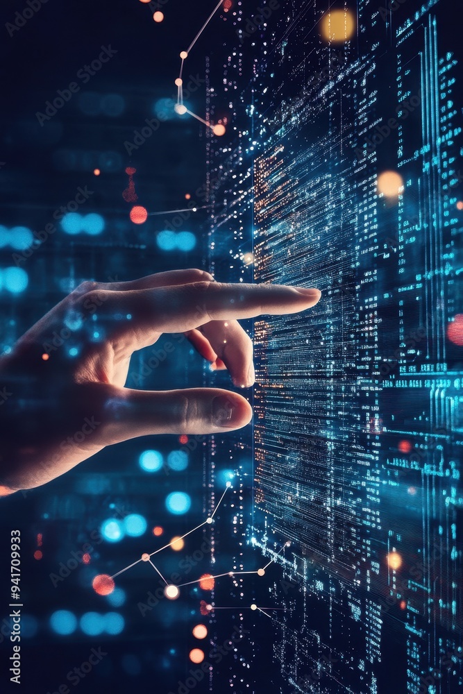 Leinwandbilder close-up of a human hand interacting with futuristic virtual digital data interface, representing te