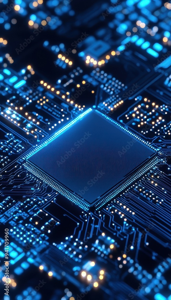 Fototapete Close-up of a glowing blue computer chip on a circuit board with intricate details and illuminated paths, highlighting technology and innovation.