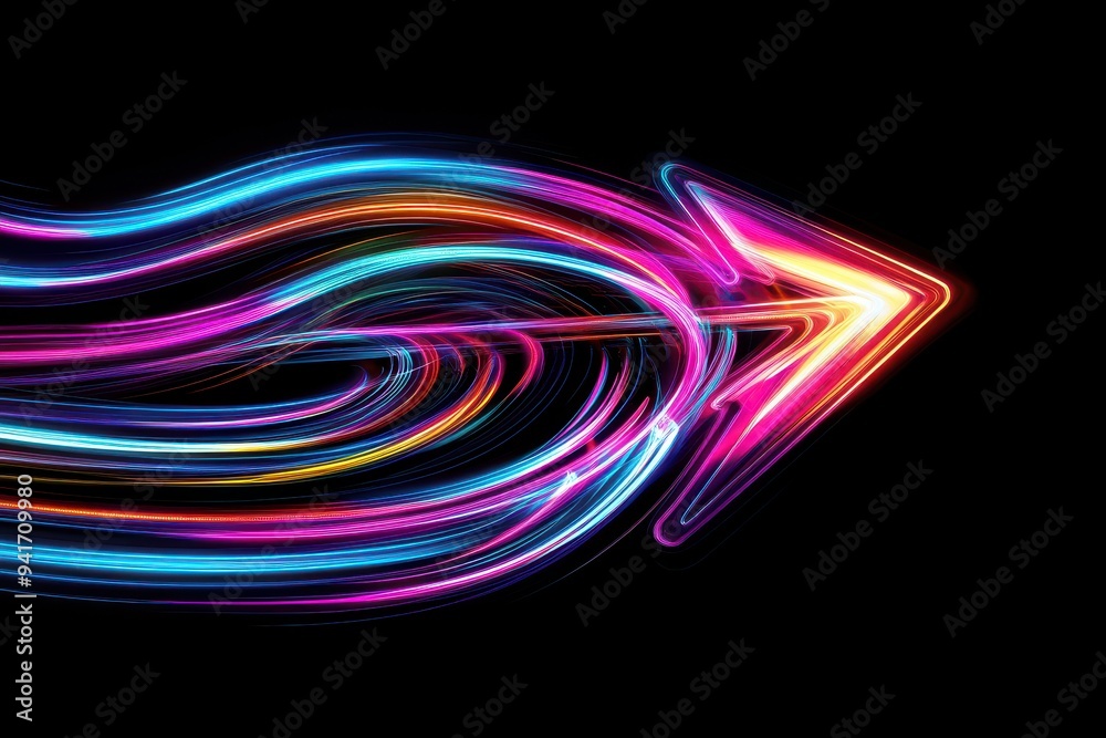 Poster colorful neon arrow glowing in the dark, symbolizing movement and direction with vibrant light trail