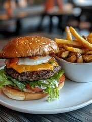 A close-up of a delicious burger on a white plate, with a bowl of crispy fries beside it, highlighting the textures and colors of the fresh ingredients and crispy side