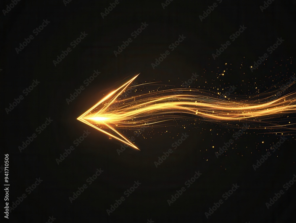 Fototapete dynamic glowing arrow made of light trail on black background. futuristic and energetic abstract des