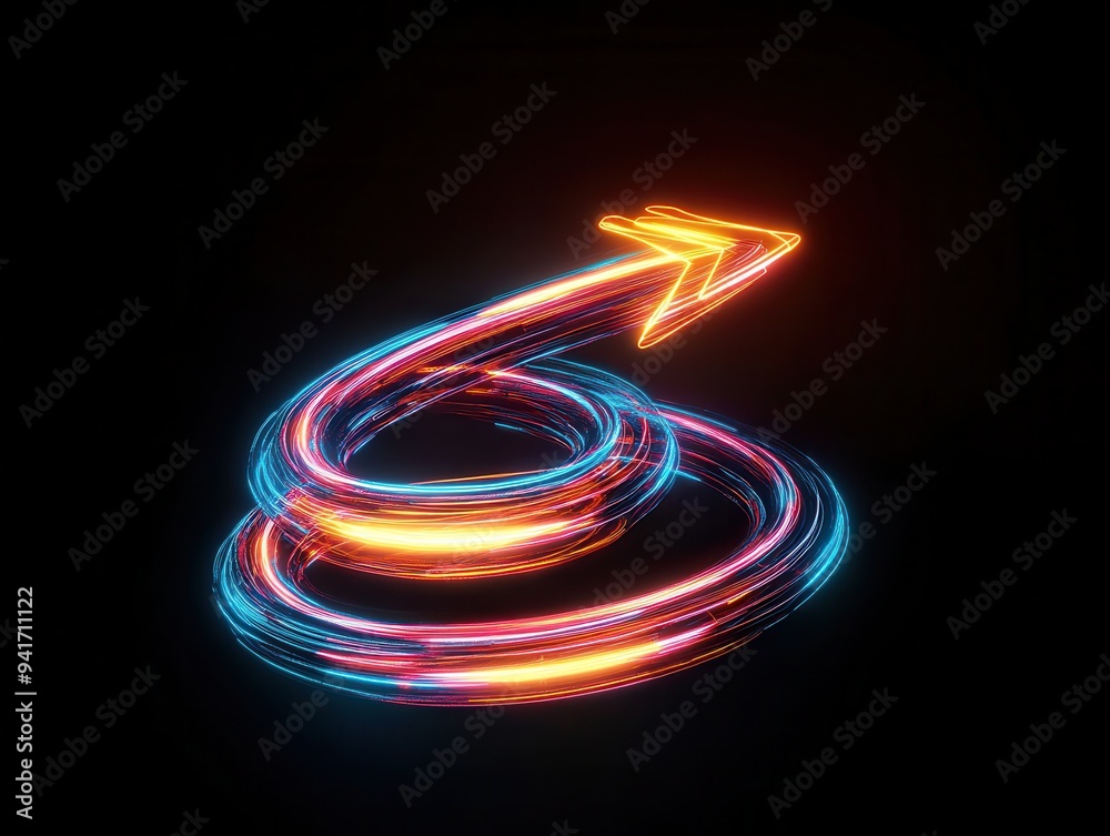 Poster Futuristic neon arrow in vibrant glowing colors, swirling dynamically against a dark background, symbolizing direction and movement.