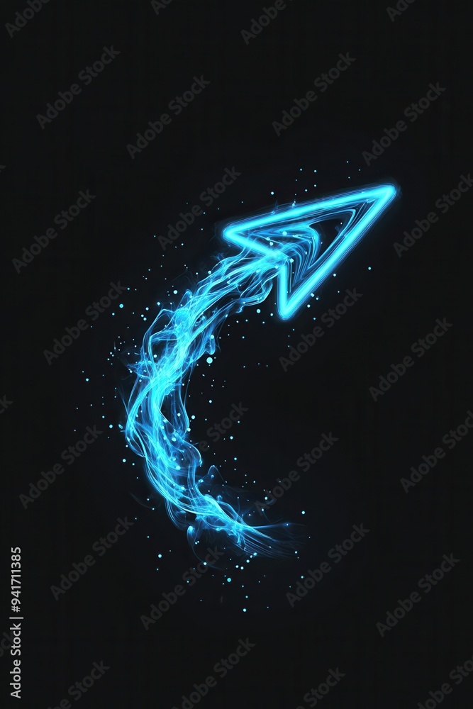 Poster glowing blue arrow made of light and particles on a dark background, symbolizing direction, progress