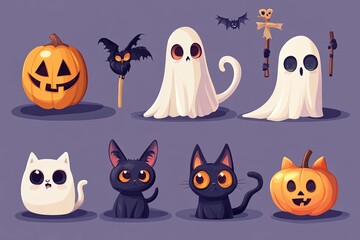 Halloween characters horror vector set design. Halloween character like grim reaper, ghost, pumpkin and cute cat mascot cartoon. Vector illustration party costume character collection. Generative Ai