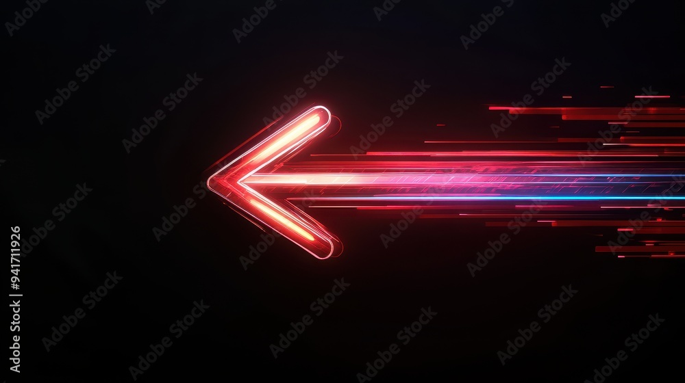 Leinwandbilder glowing red neon arrow pointing left with motion blur effect on dark background, symbolizing directi