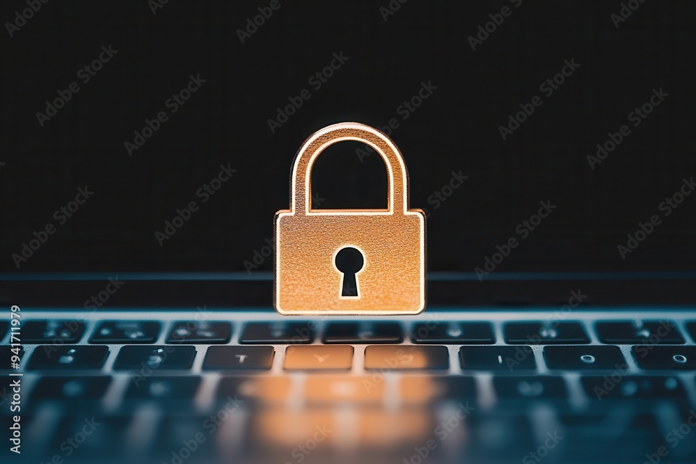Poster golden padlock on keyboard symbolizing internet security, data protection, and privacy on a dark bac