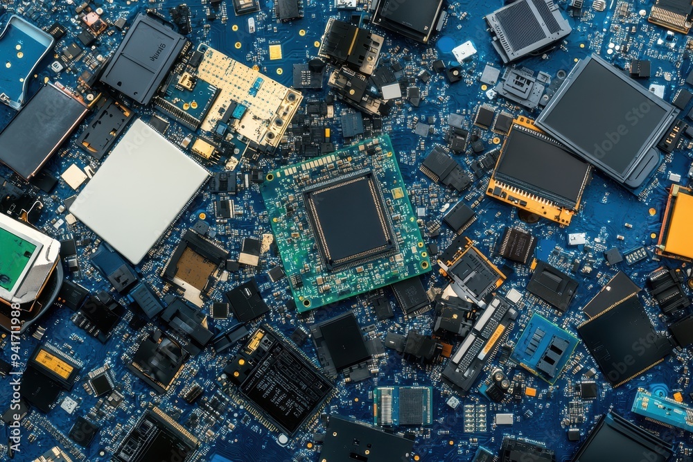 Aufkleber High angle view of various electronic components and circuit boards highlighting complexity of modern technology.