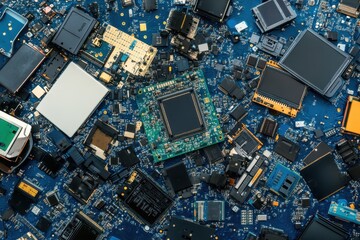 High angle view of various electronic components and circuit boards highlighting complexity of modern technology.