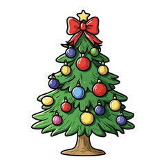 A Christmas tree with colorful ornaments and a bow on top