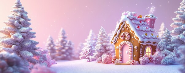 Fototapeta premium Bright cartoon 3D gingerbread house on light purple background, whimsical Christmas scene