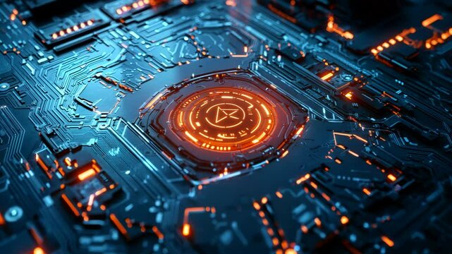 Advanced AI Circuit Board, intricate close-up of a sophisticated circuit board featuring luminous components and a central AI emblem, inspired by a fantasy gaming universe.