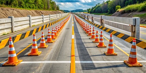 A concrete barrier blocks a deserted highway, with orange traffic cones and caution tape stretching across the asphalt, restricting access and directing traffic elsewhere.