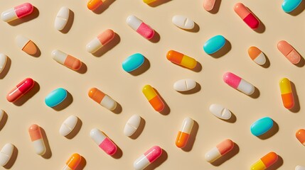 A colorful assortment of pills and capsules scattered on a light background.