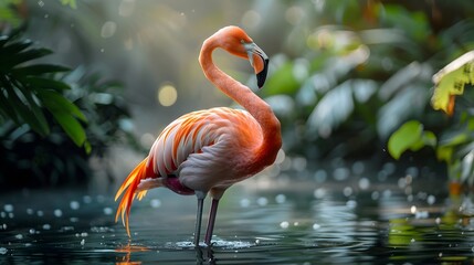 Fototapeta premium Elegant Flamingo Raising One Vibrant Pink Leg in Serene Wetland Environment