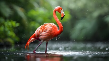 Obraz premium Elegant Flamingo Raising One Vibrant Pink Leg in Wetland Setting