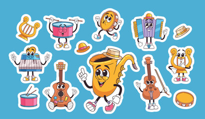 Stickers Of Cartoon Musical Instruments With Cheerful Expressions Bring Joyful Retro Groovy Vibes. Vector Patches