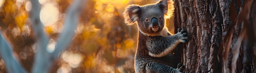 Obraz premium Tranquil Koala Clinging to Eucalyptus Tree in Peaceful Wildlife Portrait