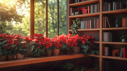 Christmas bookshelf background of interior home library study virtual room window of forest trees.. Festive poinsettia holiday flowers. Online webinar presentation teams meeting backdrop
