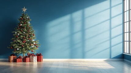 Business meeting room with Christmas tree and presents in the corner on blue background, festive corporate feel